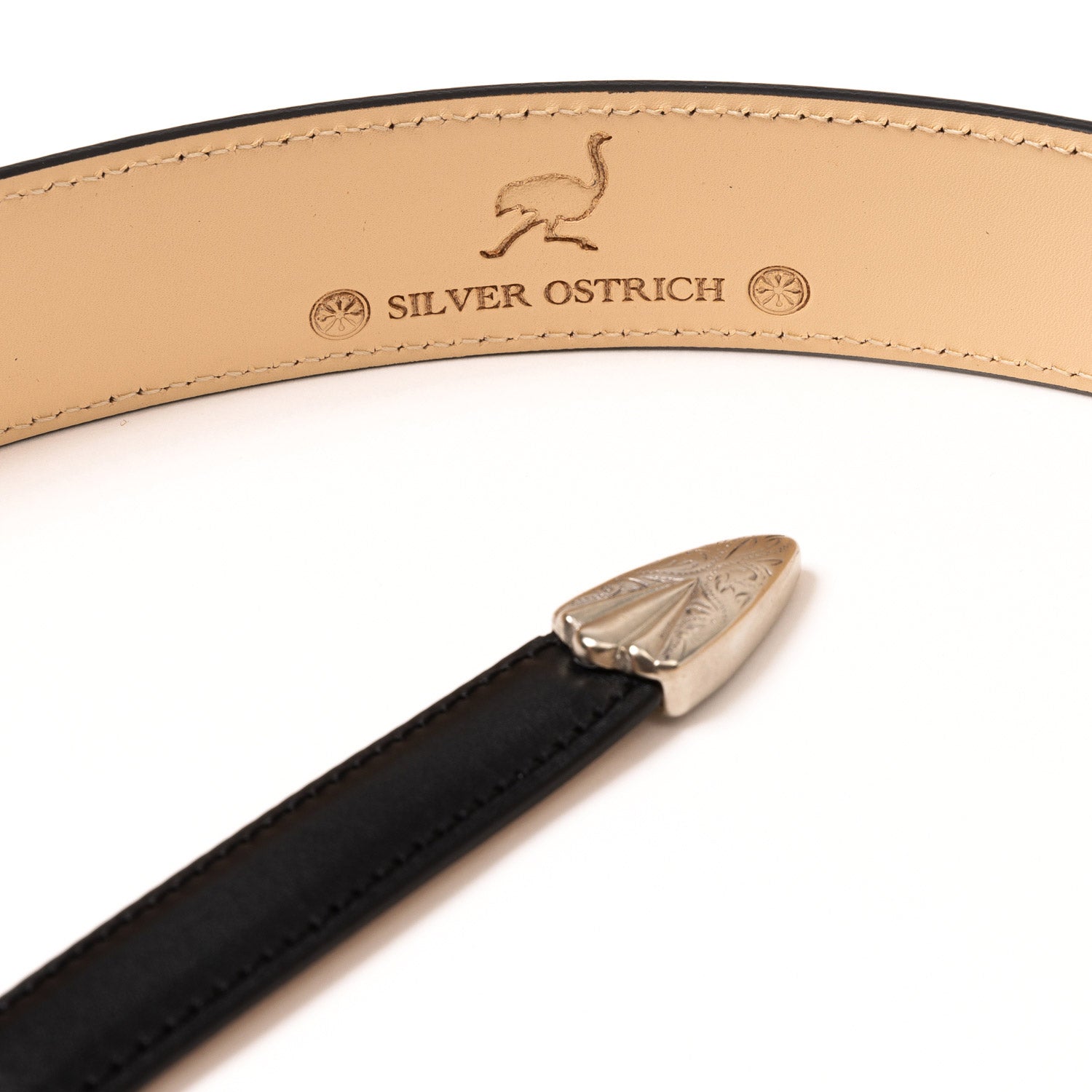 Silver Ostrich x MJ: Western Belt "Versailles" made of Black Calfskin - handcrafted